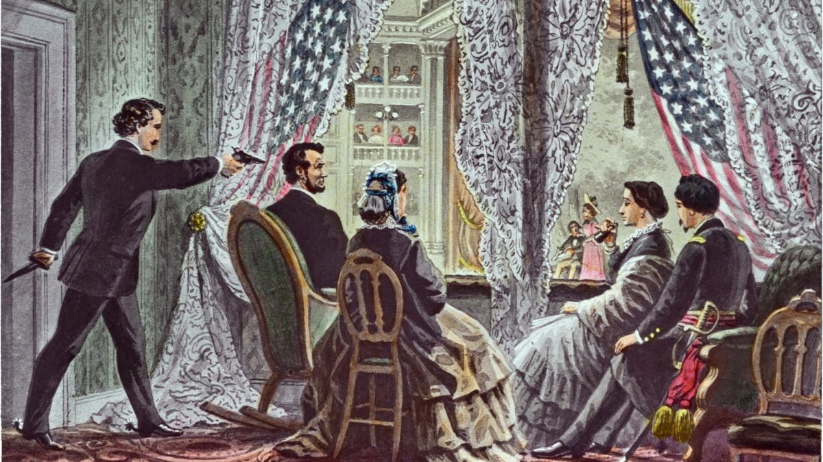 Shown in the presidential booth of Ford's Theatre, from left to right, are assassin John Wilkes Booth, Abraham Lincoln, Mary Todd Lincoln, Clara Harris, and Henry Rathbone.